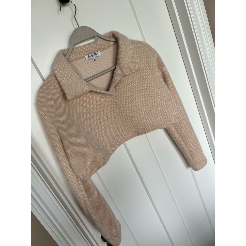Emory Park Women's Cropped Collared‎ Sweater Long Sleeves Tan Size Medium